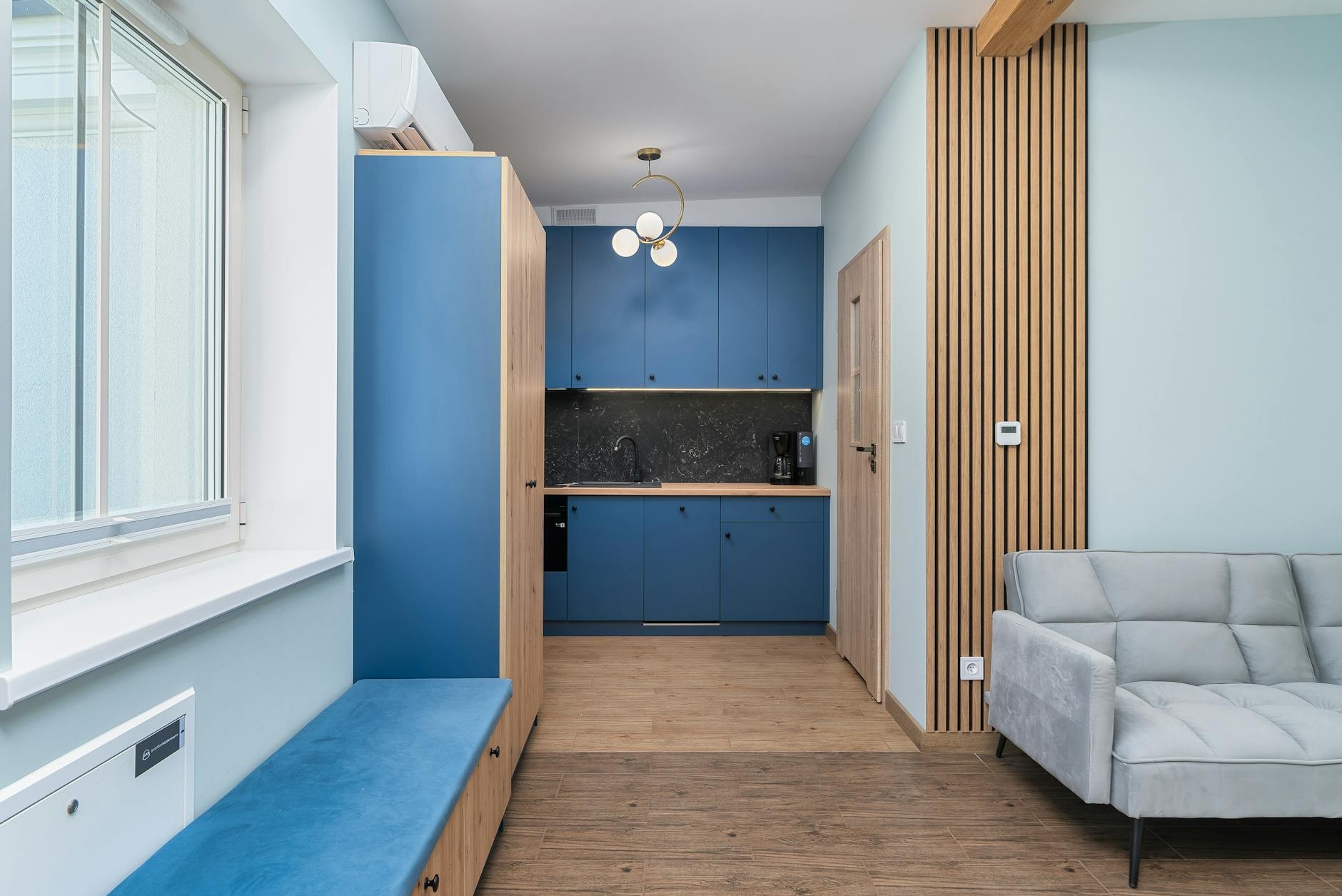 Handcrafted wooden radiator cover in a Madrid apartment